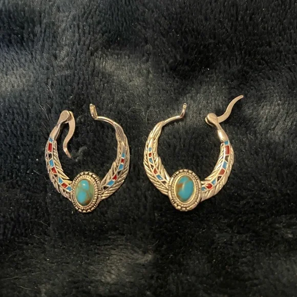 Silver and Turquoise and coral Hoop Earrings-marked 925- lightweight - Picture 4 of 5
